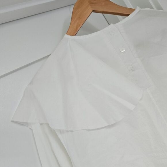Renata Brenha Asymmetrical Gathered Pleated Collar Elegant Ruffled Blouse White - Picture 8 of 13